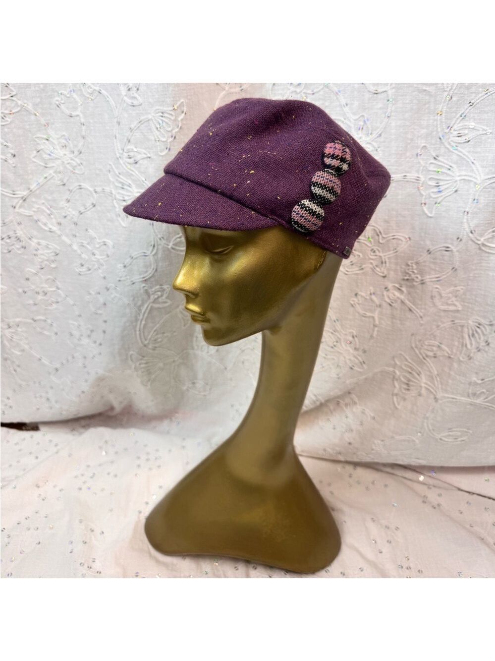 deLux Purple Tweed Newsboy Cap Plaid Button Detail Size 56 cm (L)